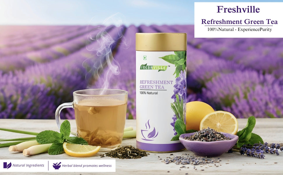 Freshville Refreshment Green Tea|  Antioxidant, Stress Relief & Good Sleep | Peppermint, Lemon, Lemongrass, Green Tea, Lavender