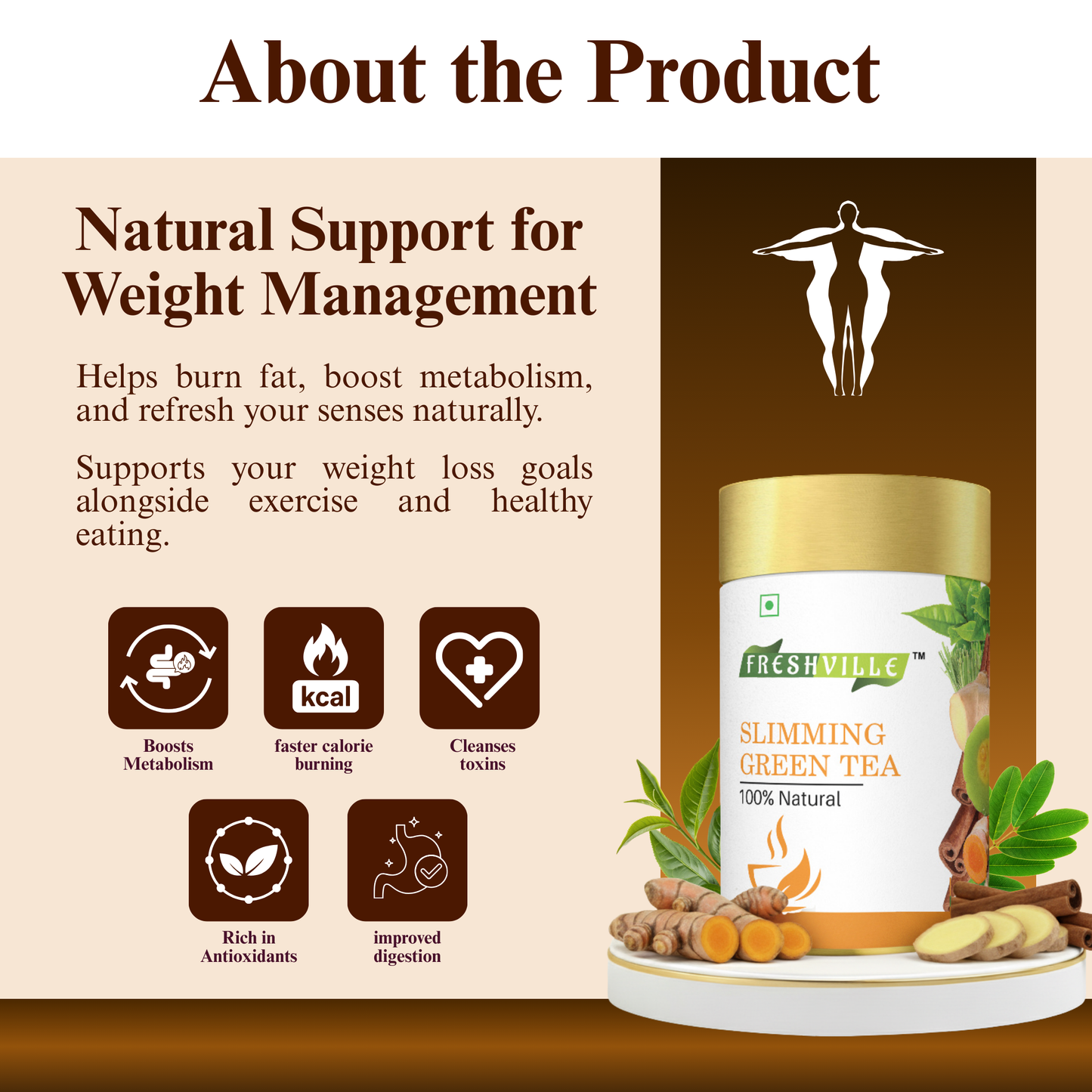 Freshville Slimming Green Tea | Burn Fat Easily with Herbs Garcinia, Cinnamon, Ginger, Lemongrass, Turmeric, Green tea, Senna leaf , 50gm
