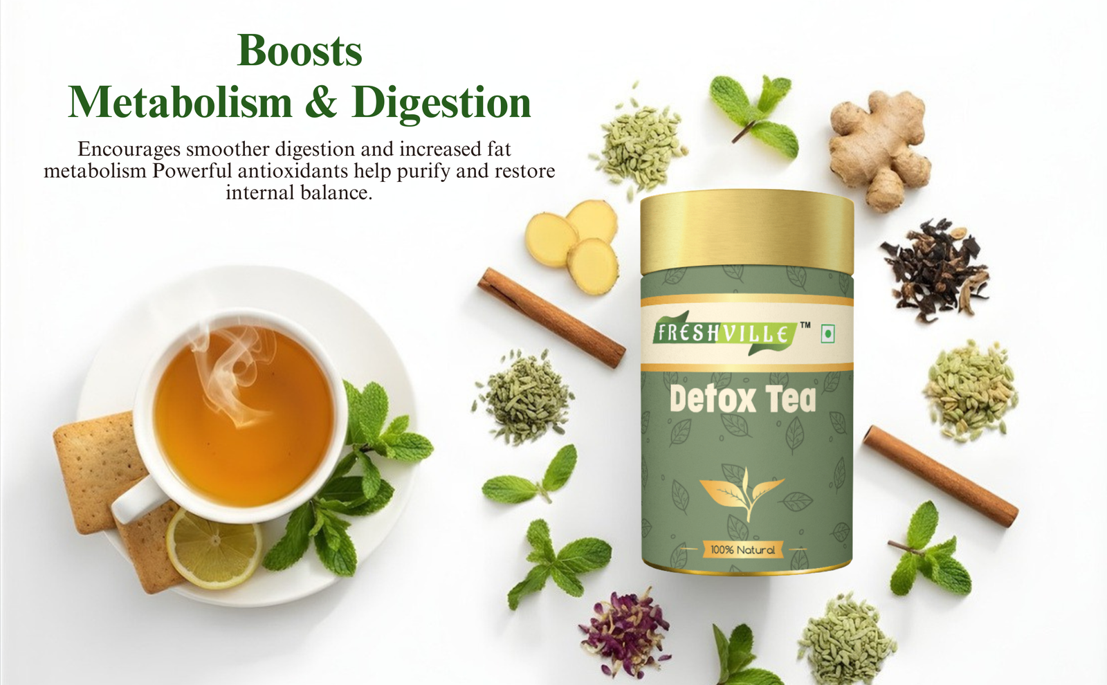 Freshville Detox Tea | Detoxify Body with herbs Peppermint, Lemongrass, Hibiscus, Cardamom, Cinnamon, Green Tea, 50gm