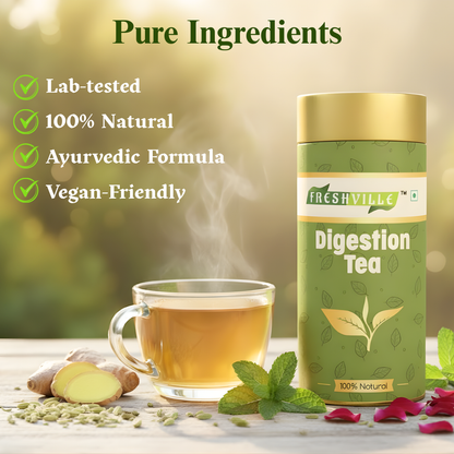 Freshville Digestion Tea | Improves Digestion, Bloating, Gas and Acidity relief with Herbs Ginger, Fennel, Ajwain, Mint, Senna leaves, Rose petals, Bay leaves, Green tea, 100gm