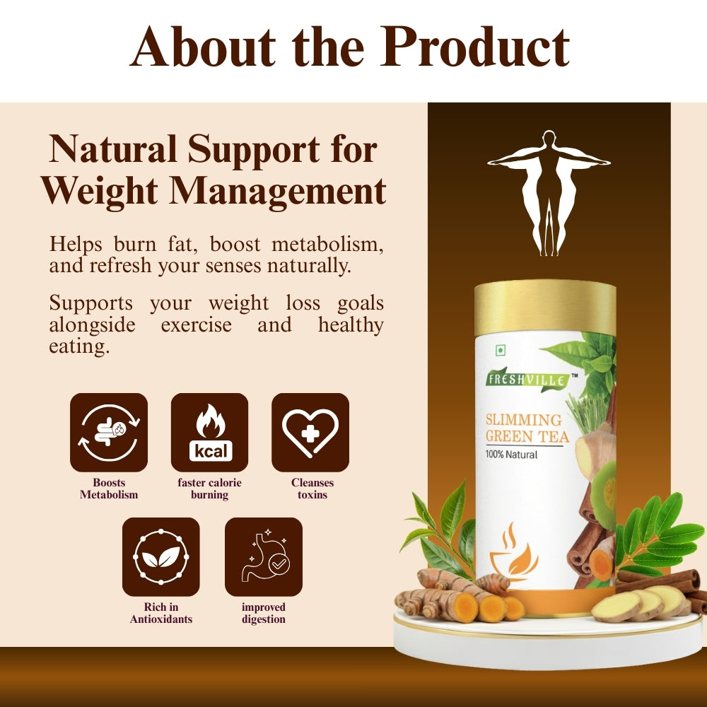 Freshville Slimming Green Tea | Burn Fat Easily with Herbs Garcinia, Cinnamon, Ginger, Lemongrass, Turmeric, Green tea, Senna leaf , 100gm