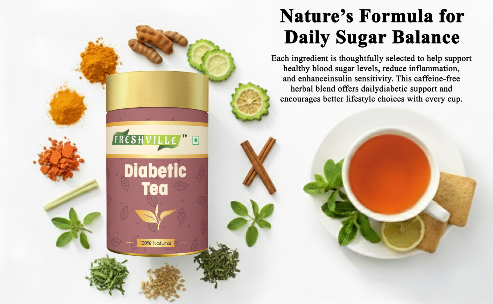 Freshville Anti Diabetic Tea | Control Blood Sugar level with herbs Turmeric, Tamarind, Karela, Tulsi, Cinnamon, Gurmar , 50gm