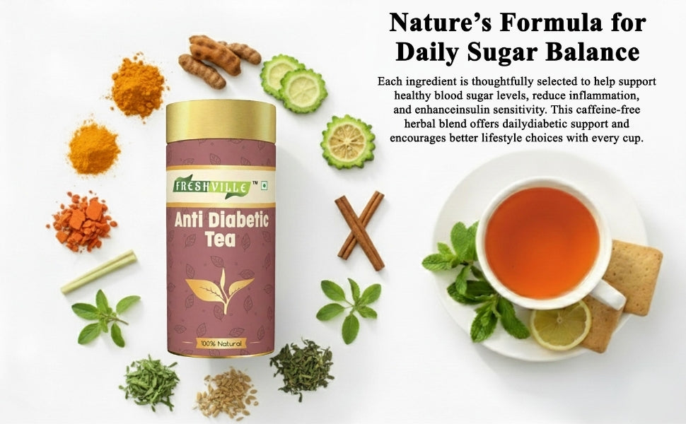 Freshville Anti Diabetic Tea | Control Blood Sugar level with herbs Turmeric, Tamarind, Karela, Tulsi, Cinnamon, Gurmar , 3 month