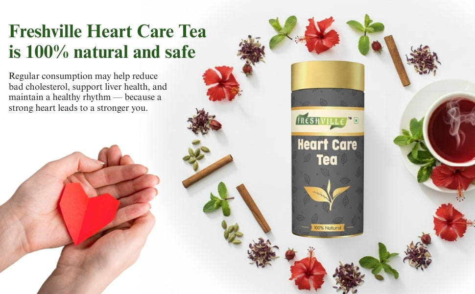 Freshville Heart Care Tea | Controls Blood Pressure with herbs Tulsi, Cardamom, Cinnamon, and Hibiscus , 3 month
