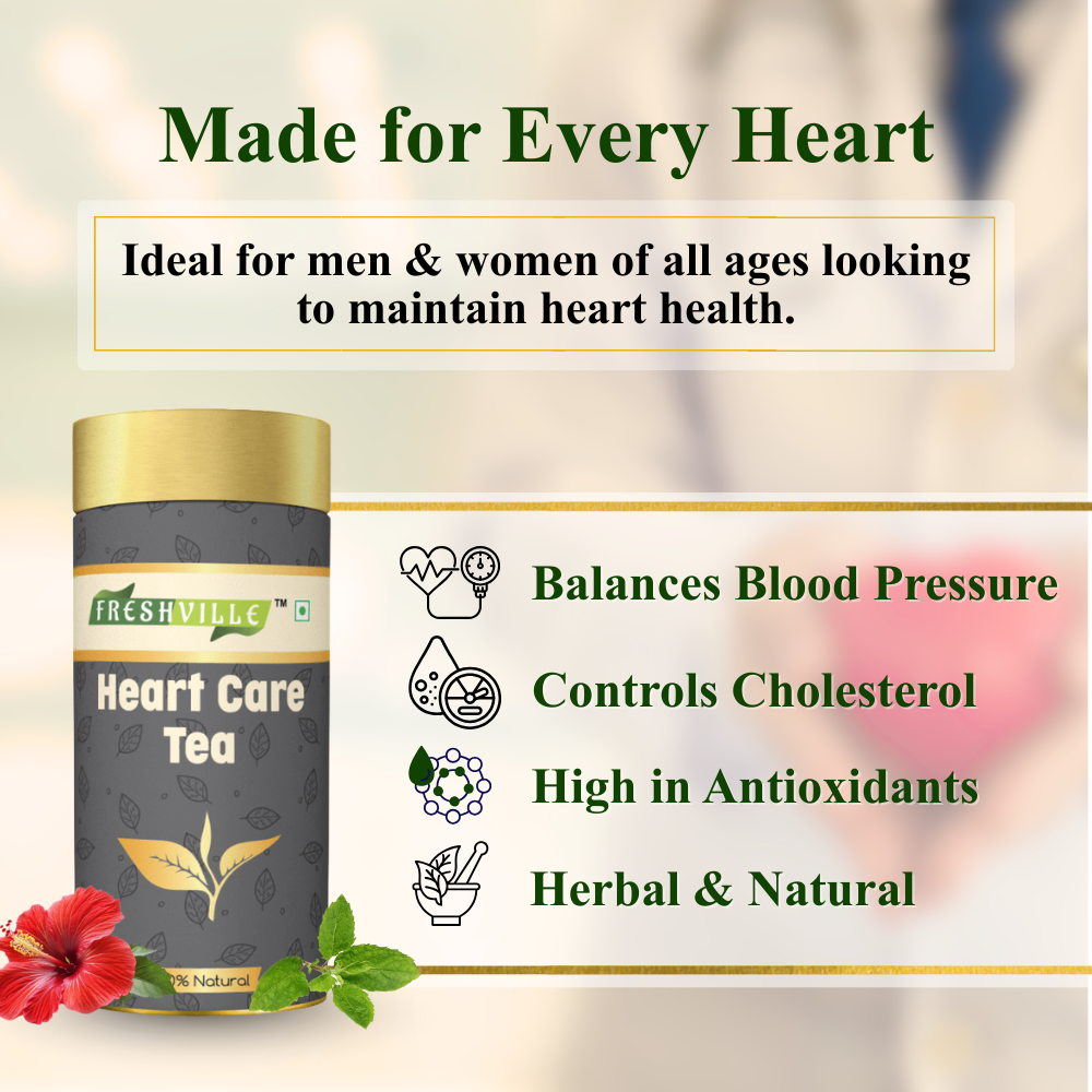 Freshville Heart Care Tea | Controls Blood Pressure with herbs Tulsi, Cardamom, Cinnamon, and Hibiscus , 3 month