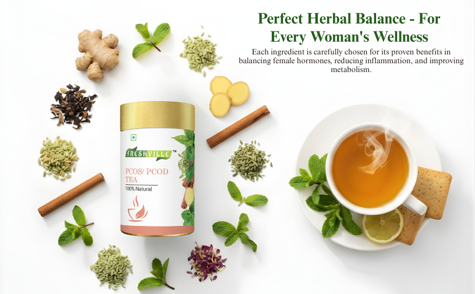 Freshville PCOS PCOD Tea | Regularizes period cycle with herbs Ginger, Fenugreek, Spearmint, Cinnamon, Fennel, Tulsi, Lodhra, Ashoka 50gm