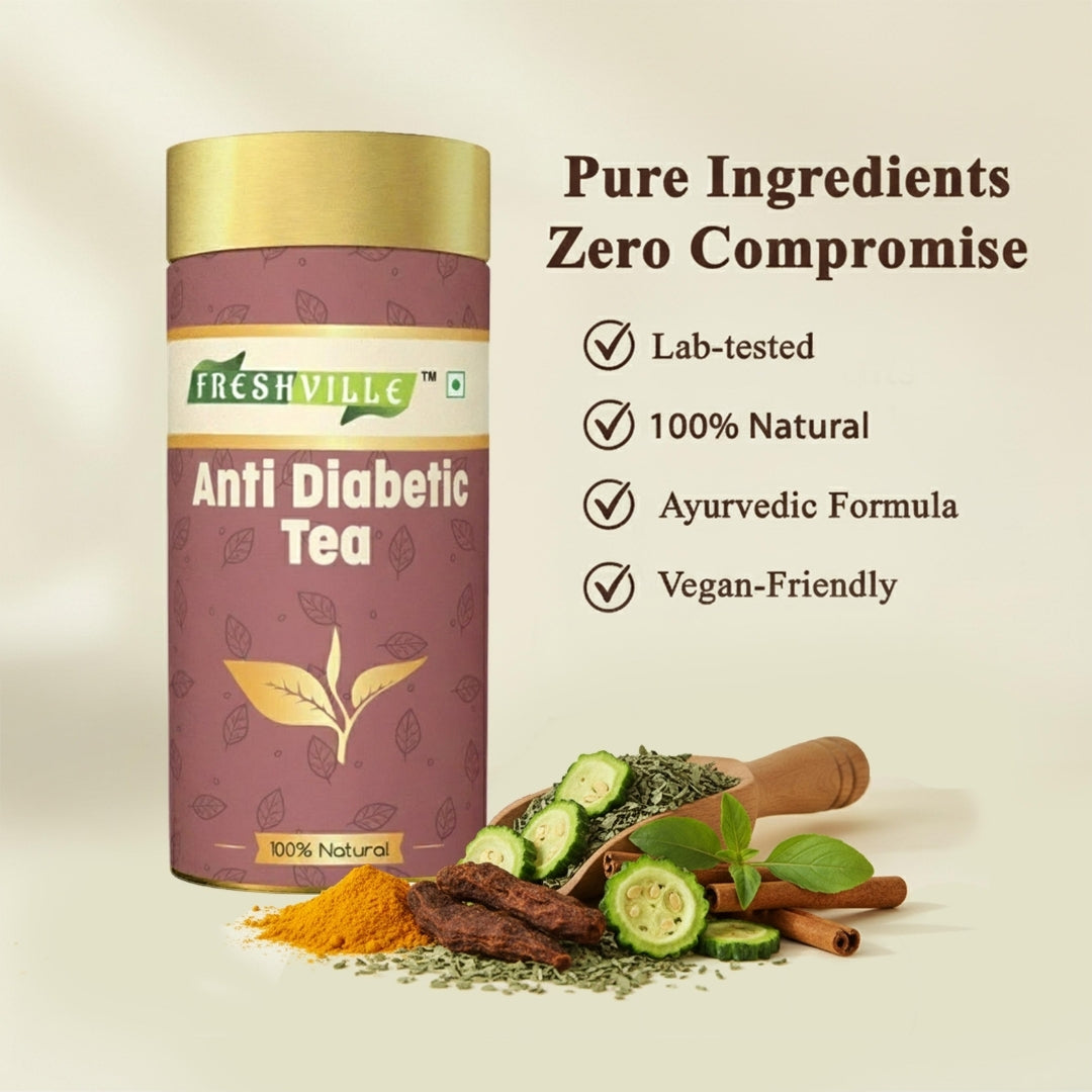 Freshville Anti Diabetic Tea | Control Blood Sugar level with herbs Turmeric, Tamarind, Karela, Tulsi, Cinnamon, Gurmar , 3 month