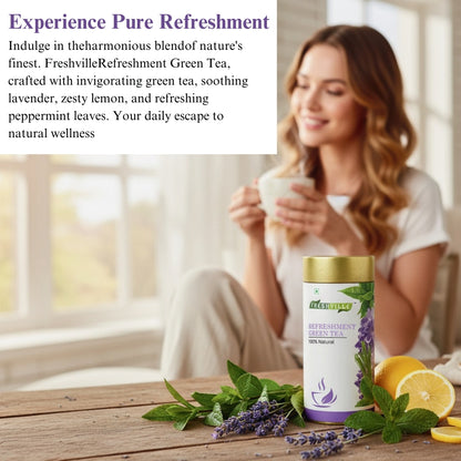 Freshville Refreshment Green Tea| Antioxidant, Stress Relief & Good Sleep | Peppermint, Lemon, Lemongrass, Green Tea, Lavender, 100gm