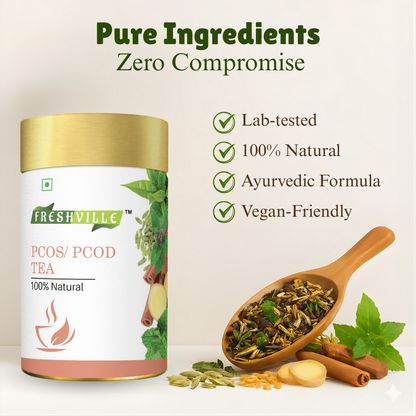 Freshville PCOS PCOD Tea | Regularizes period cycle with herbs Ginger, Fenugreek, Spearmint, Cinnamon, Fennel, Tulsi, Lodhra, Ashoka 50gm