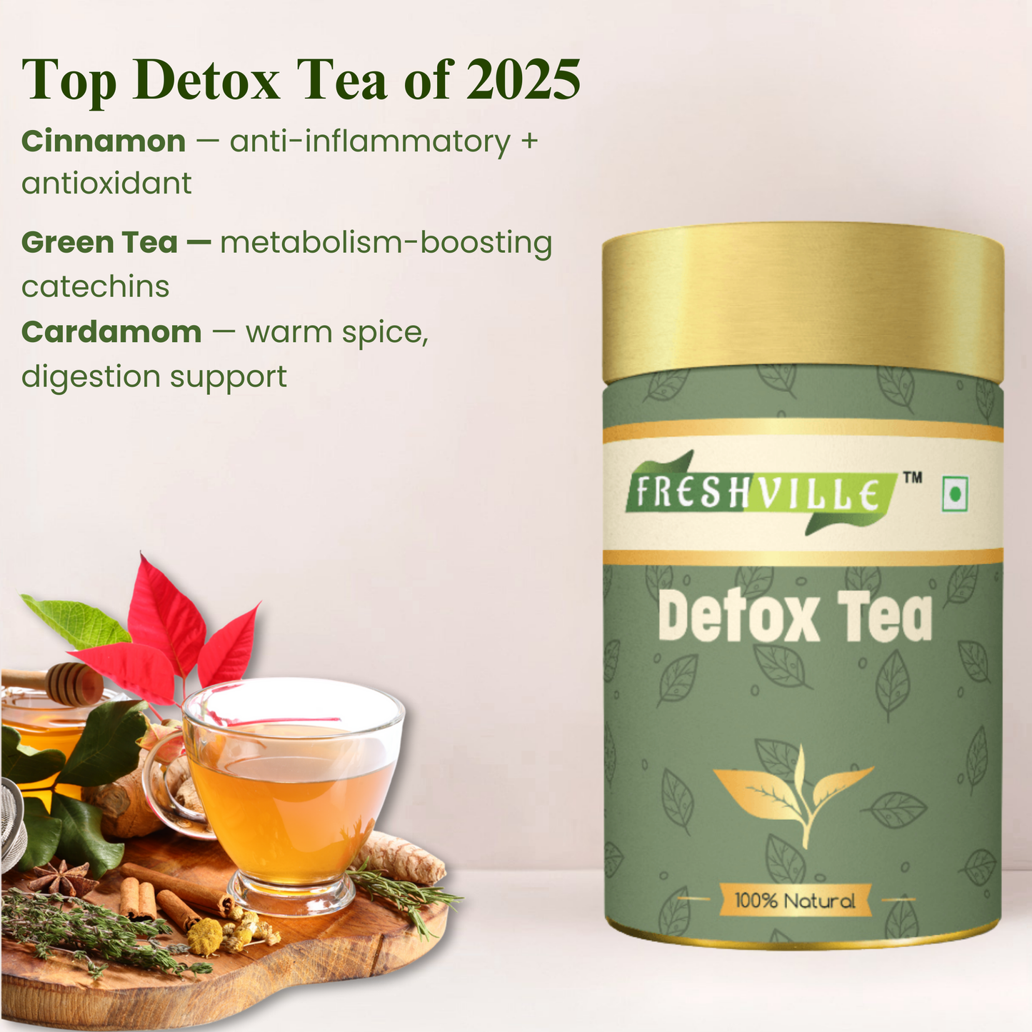 Freshville Detox Tea | Detoxify Body with herbs Peppermint, Lemongrass, Hibiscus, Cardamom, Cinnamon, Green Tea, 50gm