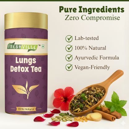 Freshville Lungs Detox Tea | Helps Quit Smoking And Clean Lungs with Herbs Moringa, Rose Petals, Peppermint, Lemongrass, Hibiscus, Cinnamon, Mulethi, Tulsi, Fenugreek, Ginger, Green Tea, 3 month