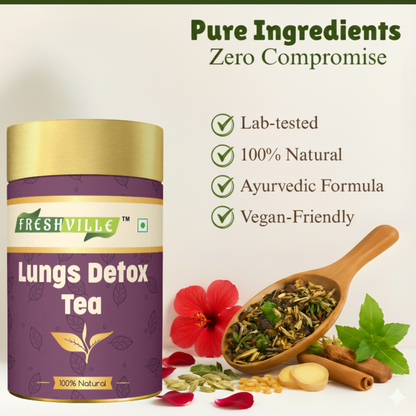 Freshville Lungs Detox Tea | Helps Quit Smoking And Clean Lungs with Herbs Moringa, Rose Petals, Peppermint, Lemongrass, Hibiscus, Cinnamon, Mulethi, Tulsi, Fenugreek, Ginger, Green Tea 45 month