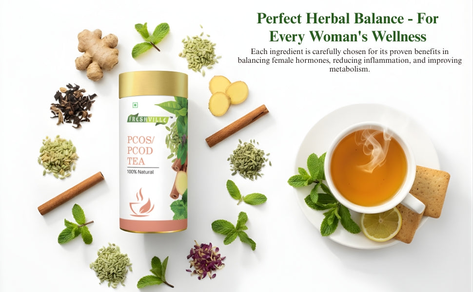 Freshville PCOS PCOD Tea | Regularizes period cycle with herbs Ginger, Fenugreek, Spearmint, Cinnamon, Fennel, Tulsi, Lodhra, Ashoka 100 Gm