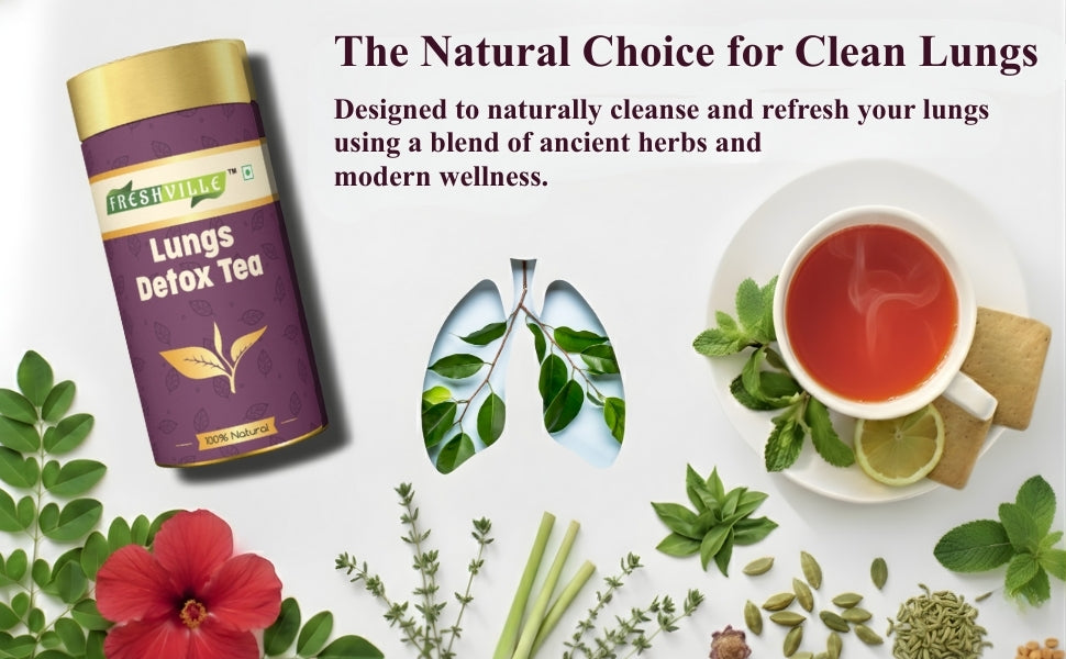 Freshville Lungs Detox Tea | Helps Quit Smoking And Clean Lungs with Herbs Moringa, Rose Petals, Peppermint, Lemongrass, Hibiscus, Cinnamon, Mulethi, Tulsi, Fenugreek, Ginger, Green Tea, 3 month