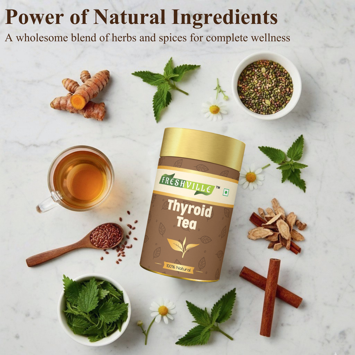 Freshville Thyroid Tea | Helps With Thyroid Support (Tsh T3 T4) | Ashwagandha, Turmeric, Liquorice, Nittle, Cinnamon, Ginger, Chamomile, Flax Seed, 45 Day