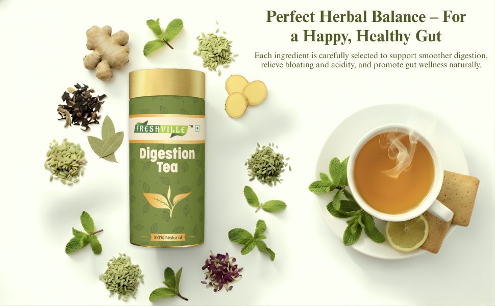 Freshville Digestion Tea | Improves Digestion, Bloating, Gas and Acidity relief with Herbs Ginger, Fennel, Ajwain, Mint, Senna leaves, Rose petals, Bay leaves, Green tea, 100gm