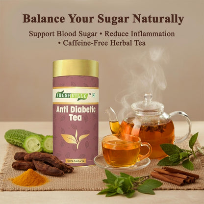 Freshville Anti Diabetic Tea | Control Blood Sugar level with herbs Turmeric, Tamarind, Karela, Tulsi, Cinnamon, Gurmar , 3 month