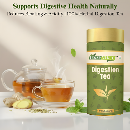 Freshville Digestion Tea | Improves Digestion, Bloating, Gas and Acidity relief with Herbs Ginger, Fennel, Ajwain, Mint, Senna leaves, Rose petals, Bay leaves, Green tea, 100gm
