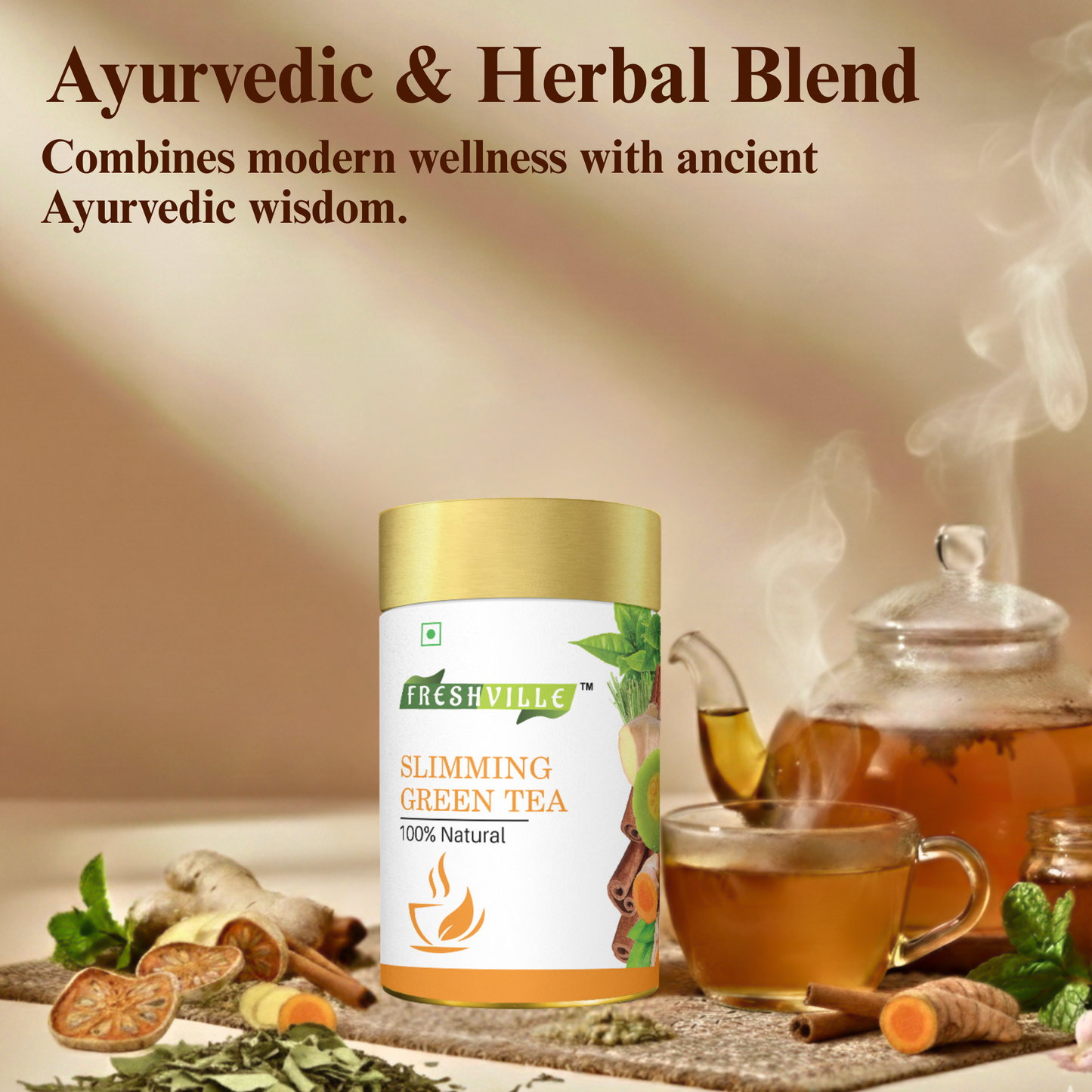 Freshville Slimming Green Tea | Burn Fat Easily with Herbs Garcinia, Cinnamon, Ginger, Lemongrass, Turmeric, Green tea, Senna leaf , 50gm