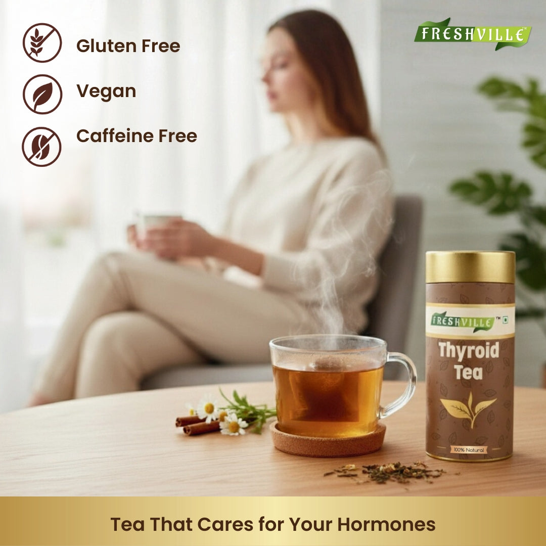 Freshville Thyroid Tea | Helps With Thyroid Support (Tsh T3 T4) | Ashwagandha, Turmeric, Liquorice, Nittle, Cinnamon, Ginger, Chamomile, Flax Seed, 100gm