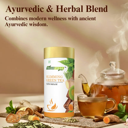 Freshville Slimming Green Tea | Burn Fat Easily with Herbs Garcinia, Cinnamon, Ginger, Lemongrass, Turmeric, Green tea, Senna leaf , 100gm
