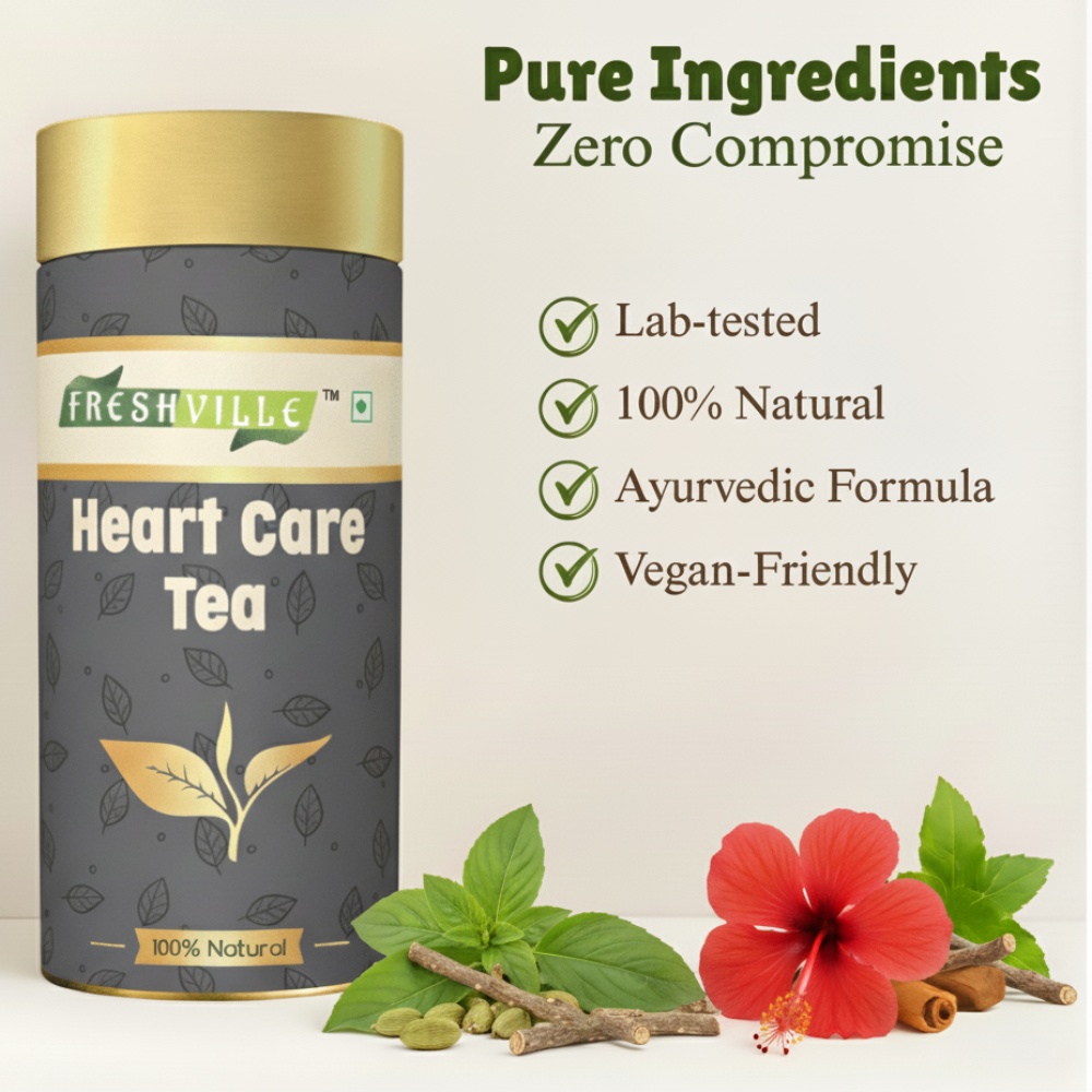Freshville Heart Care Tea | Controls Blood Pressure with herbs Tulsi, Cardamom, Cinnamon, and Hibiscus , 3 month