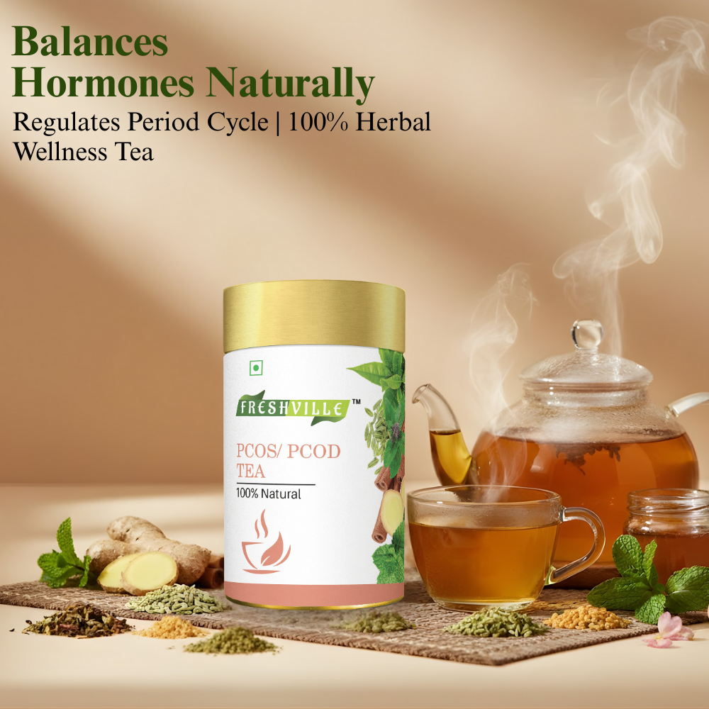 Freshville PCOS PCOD Tea | Regularizes period cycle with herbs Ginger, Fenugreek, Spearmint, Cinnamon, Fennel, Tulsi, Lodhra, Ashoka 50gm