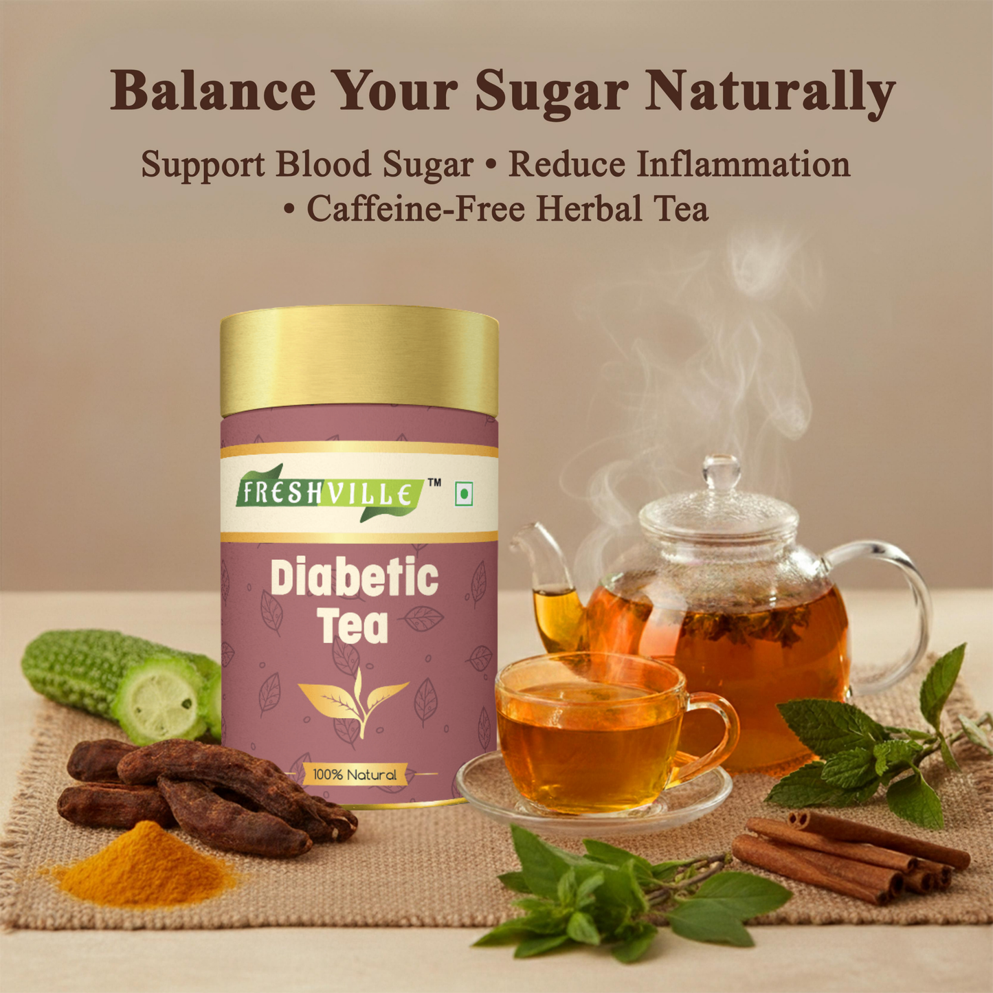 Freshville Anti Diabetic Tea | Control Blood Sugar level with herbs Turmeric, Tamarind, Karela, Tulsi, Cinnamon, Gurmar , 50gm