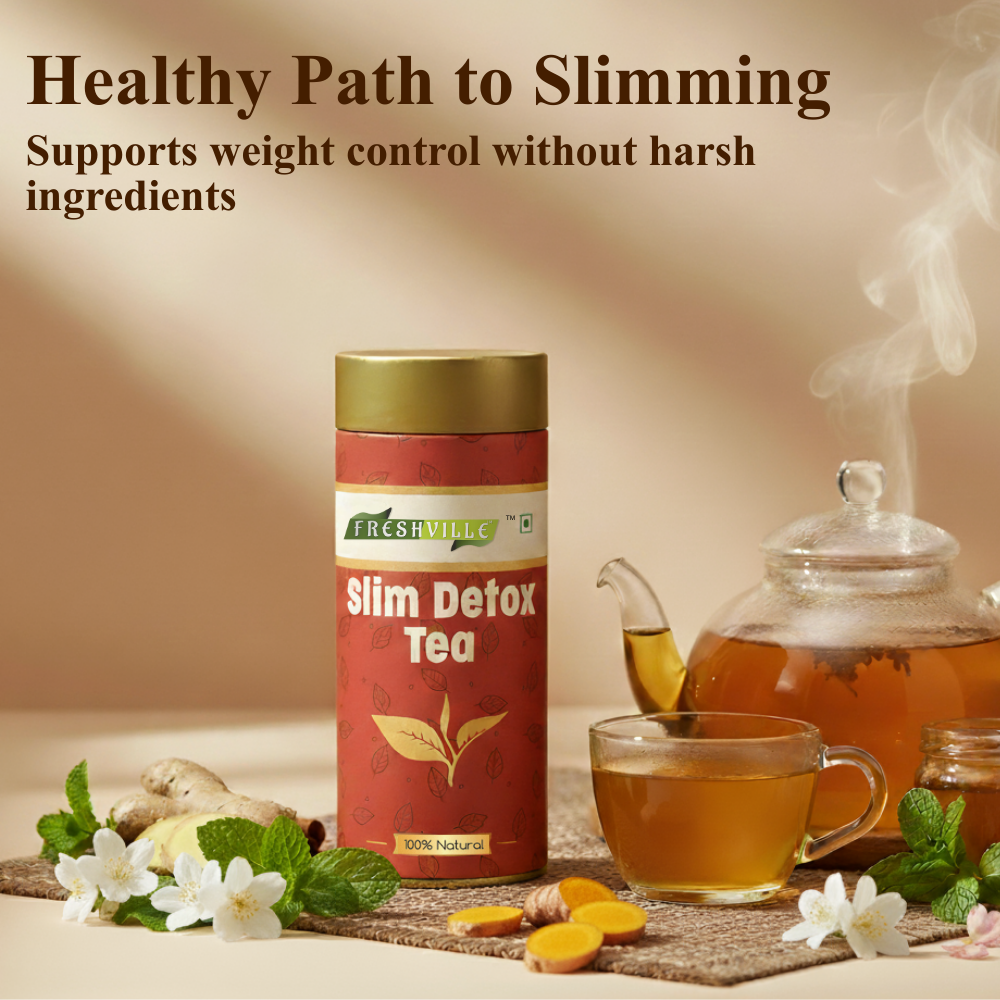Freshville Slim Detox Tea | Slim Down & Detoxify Body wiith Herbs Cardamom, Fennel, Ginger, Green Tea, Jasmine, Lemongrass, Liquorice, Mint, Tulsi, and Turmeric.
