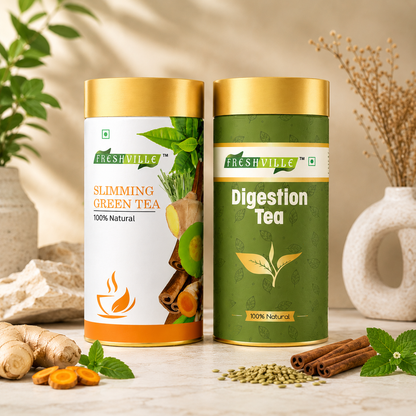 Freshville Slimming Tea & Digestion Tea Combo | Herbal Wellness Tea Pack | Supports Metabolism & Digestive Wellness | Naturally Caffeine-Free | Loose Leaf Tea | Daily Wellness Blend