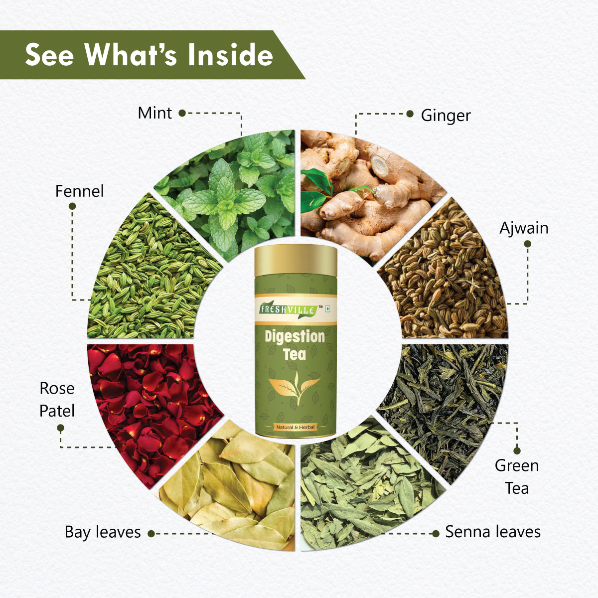 Freshville Digestion Tea | Improves Digestion, Bloating, Gas and Acidity relief with Herbs Ginger, Fennel, Ajwain, Mint, Senna leaves, Rose petals, Bay leaves, Green tea