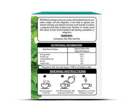 Freshville Lemongrass Tulsi Mint Green Tea Bag  | Pure & Natural | Immunity Booster | Control Cholesterol | Heart Health | Lemongrass, Mint, Green Tea Bag (25 bags)