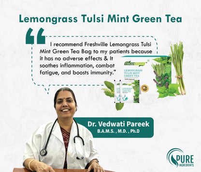 Freshville Lemongrass Tulsi Mint Green Tea Bag  | Pure & Natural | Immunity Booster | Control Cholesterol | Heart Health | Lemongrass, Mint, Green Tea Bag (25 bags)