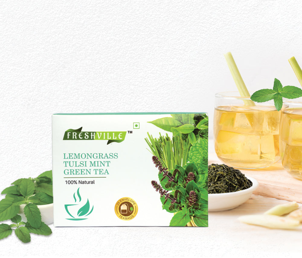 Freshville Lemongrass Tulsi Mint Green Tea Bag  | Pure & Natural | Immunity Booster | Control Cholesterol | Heart Health | Lemongrass, Mint, Green Tea Bag (25 bags)