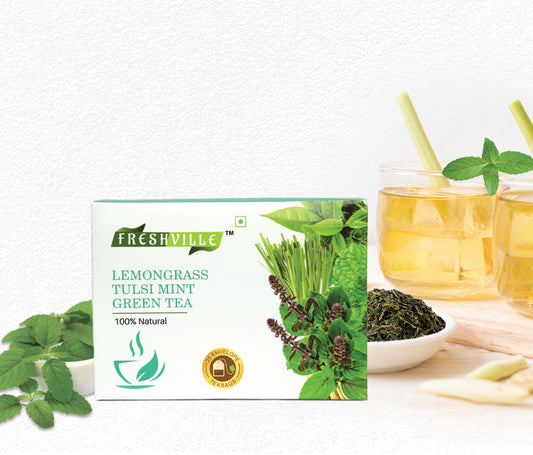 Freshville Lemongrass Tulsi Mint Green Tea Bag  | Pure & Natural | Immunity Booster | Control Cholesterol | Heart Health | Lemongrass, Mint, Green Tea Bag (25 bags)