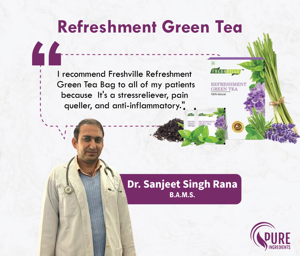 Freshville Refreshment Green Tea Bag  | Pure & Natural | Skin Glow | Immunity Booster | Removes Toxins | Peppermint, Lemon, Lemongrass, Lavender, Green Tea Bag (15 bags)