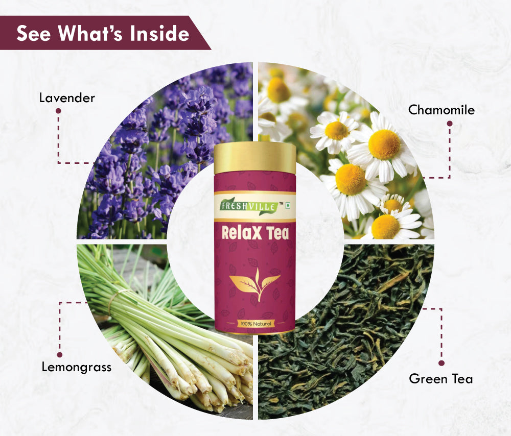 Freshville Relax Tea | Improves Sleep Quality Release Stress with Herbs Lemongrass, Lavender, Chamomile, Green Tea
