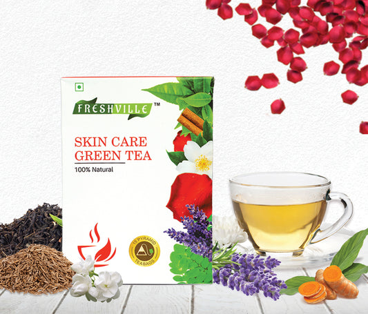 Freshville Skin Care Green Tea Bag  | Pure & Natural | Skin Glow | Immunity Booster | Removes Toxins | Turmeric, Cumin, Lavender, Rose Petals, Jasmine, Moringa, Green Tea Bag (15 bags)