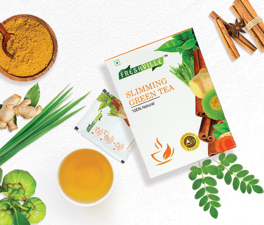 Freshville Slimming Green Tea Bag  | Pure & Natural | Tea for Weight Loss & Glowing Skin | Rich in Antioxidants | Purifying & Cleansing | Garcinia, Cinnamon, Ginger, Lemongrass, Turmeric, Green tea, Senna leaf Bag (15 bags)