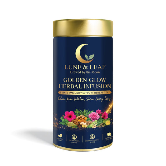 Lune & Leaf Skin & Immunity Support Herbal Tea | Golden Glow Herbal Tea | Termeric, Ashwagantha,Lemon grass, Amla | Tin Box  100 g |