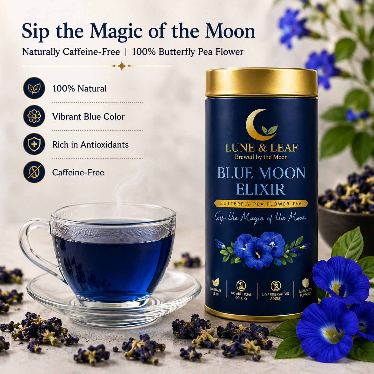 Lune & Leaf Butterfly Pea Flower Herbal Tea | Blue Moon Elixir | 100% Butterfly Pea Flower | 100g |