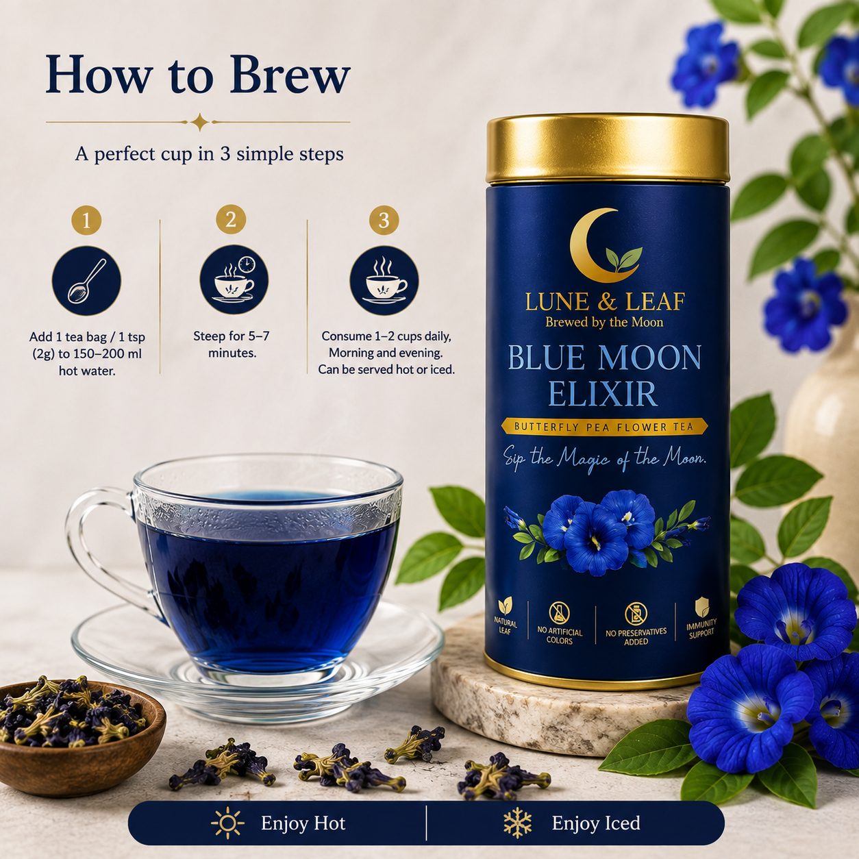Lune & Leaf Butterfly Pea Flower Herbal Tea | Blue Moon Elixir | 100% Butterfly Pea Flower | 100g |