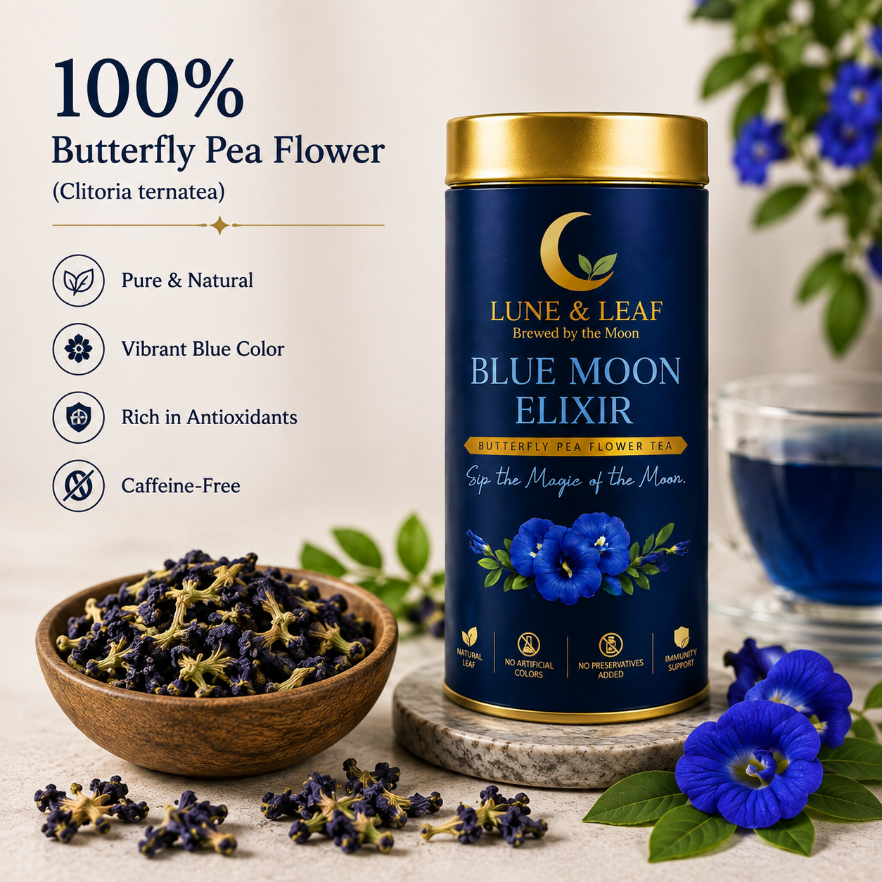 Lune & Leaf Butterfly Pea Flower Herbal Tea | Blue Moon Elixir | 100% Butterfly Pea Flower | 100g |