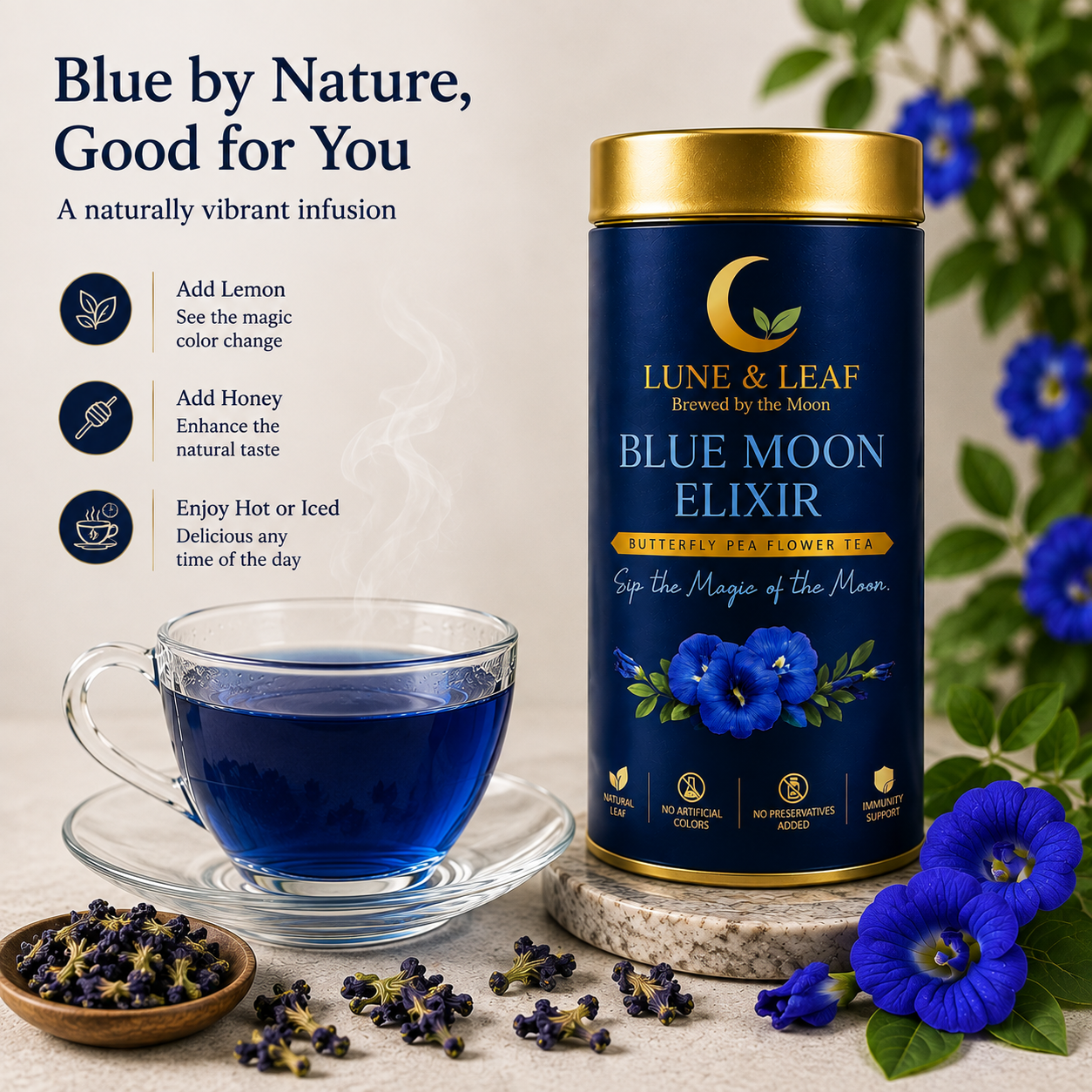 Lune & Leaf Butterfly Pea Flower Herbal Tea | Blue Moon Elixir | 100% Butterfly Pea Flower | 100g |