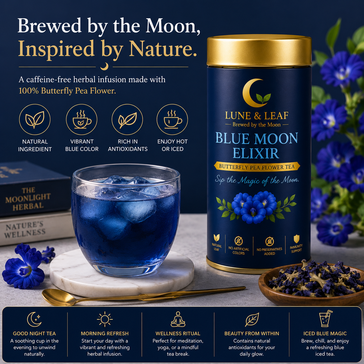 Lune & Leaf Butterfly Pea Flower Herbal Tea | Blue Moon Elixir | 100% Butterfly Pea Flower | 100g |