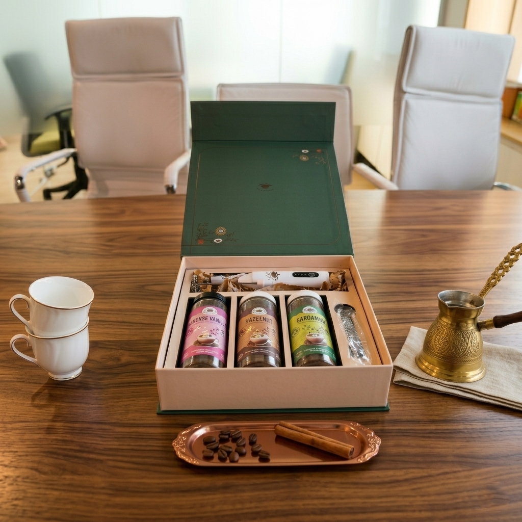 Premium Flavored Coffee Gift Set – French Vanilla, Hazelnut & Cardamom Coffee Combo with Accessories