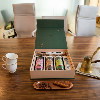 Premium Flavored Coffee Gift Set – French Vanilla, Hazelnut & Cardamom Coffee Combo with Accessories