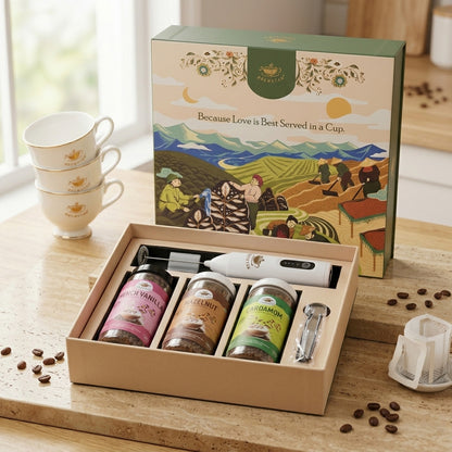 Premium Flavored Coffee Gift Set – French Vanilla, Hazelnut & Cardamom Coffee Combo with Accessories