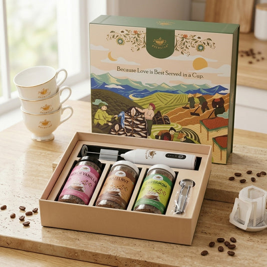 Premium Flavored Coffee Gift Set – French Vanilla, Hazelnut & Cardamom Coffee Combo with Accessories