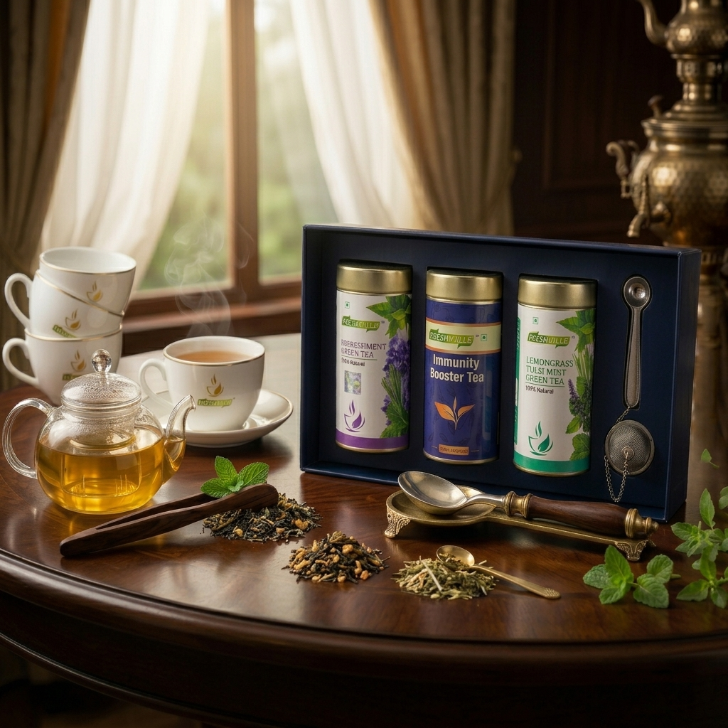 Premium Herbal Green Tea Gift Set – Immunity Booster, Refreshment & Lemongrass Tulsi Mint Tea Combo